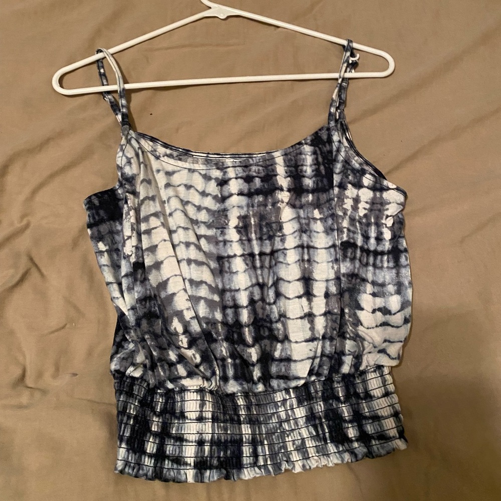 white and blue tie dyed tank top with scrunched waist